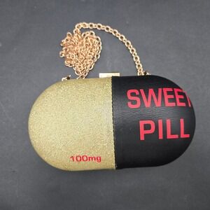 BAM Forever Sweet Pill Capsule Clutch Bag Gold Glitter Black Novelty Crossbody